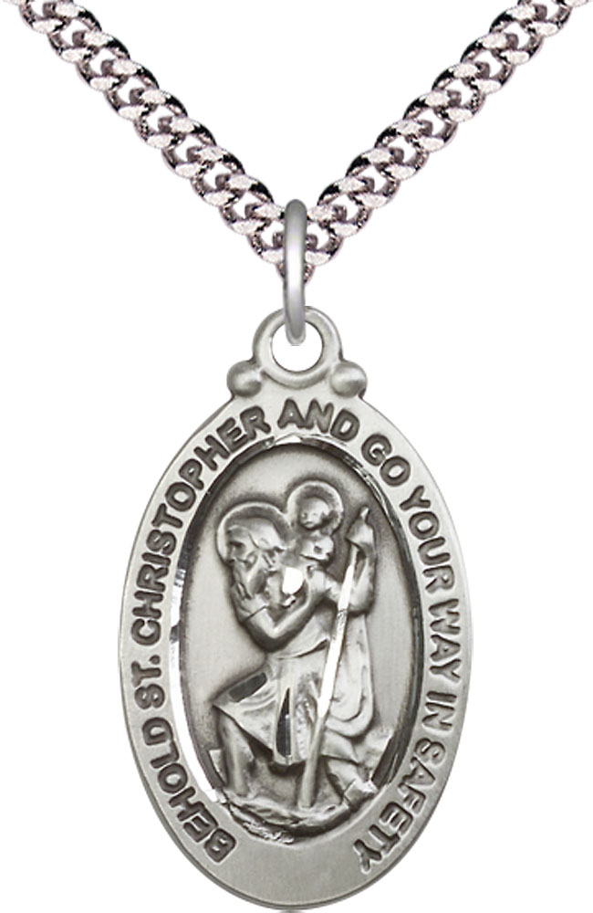 Sterling Silver Saint Christopher Pendant on a 24 inch Light Rhodium Heavy Curb chain