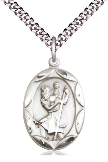 Sterling Silver Saint Christopher Pendant on a 24 inch Light Rhodium Heavy Curb chain