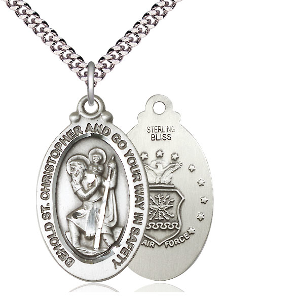 Sterling Silver Saint Christopher Air Force Pendant on a 24 inch Light Rhodium Heavy Curb chain