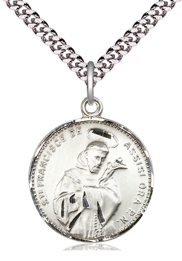 Sterling Silver Saint Francis of Assisi Pendant on a 24 inch Light Rhodium Heavy Curb chain