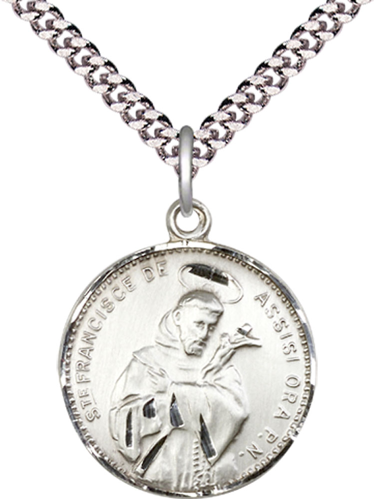 Sterling Silver Saint Francis of Assisi Pendant on a 24 inch Light Rhodium Heavy Curb chain