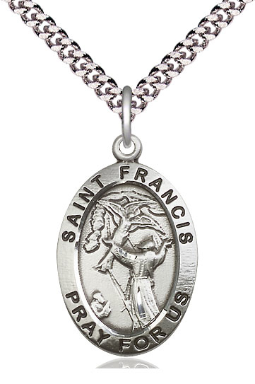 Sterling Silver Saint Francis of Assisi Pendant on a 24 inch Light Rhodium Heavy Curb chain