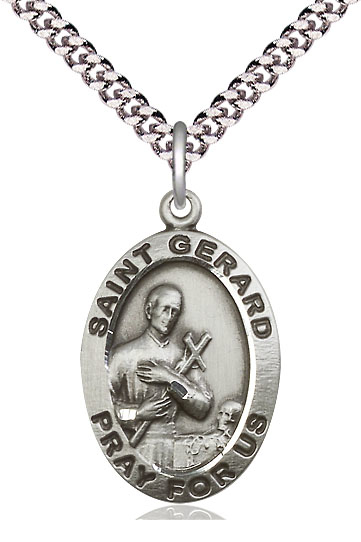 Sterling Silver Saint Gerard Pendant on a 24 inch Light Rhodium Heavy Curb chain