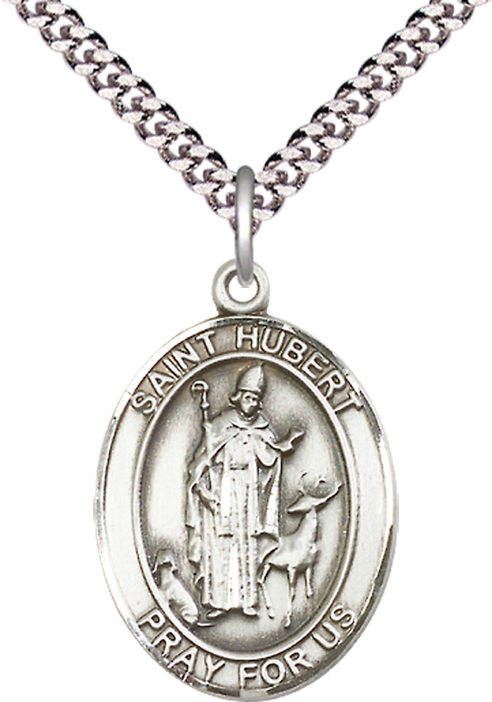 Sterling Silver Saint Hubert of Liege Pendant on a 24 inch Light Rhodium Heavy Curb chain