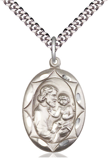 Sterling Silver Saint Joseph Pendant on a 24 inch Light Rhodium Heavy Curb chain