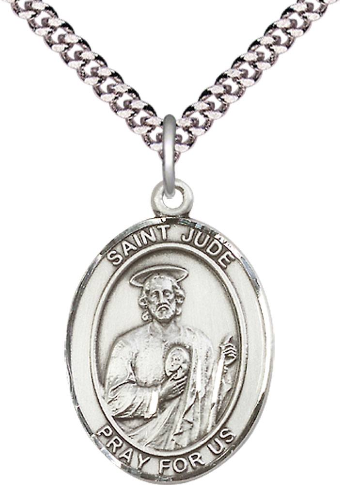 Sterling Silver Saint Jude Pendant on a 24 inch Light Rhodium Heavy Curb chain