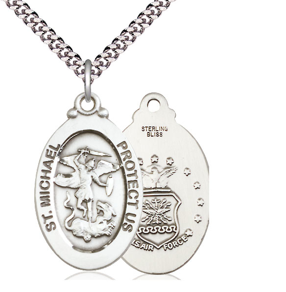 Sterling Silver Saint Michael Air Force Pendant on a 24 inch Light Rhodium Heavy Curb chain