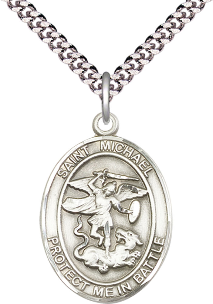 Sterling Silver Saint Michael Guardian Angel Pendant on a 24 inch Light Rhodium Heavy Curb chain