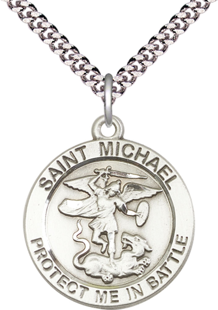 Sterling Silver Saint Michael Guardian Angel Pendant on a 24 inch Light Rhodium Heavy Curb chain