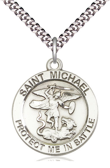 Sterling Silver Saint Michael Guardian Angel Pendant on a 24 inch Light Rhodium Heavy Curb chain