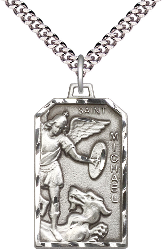 Sterling Silver Saint Michael the Archangel Pendant on a 24 inch Light Rhodium Heavy Curb chain