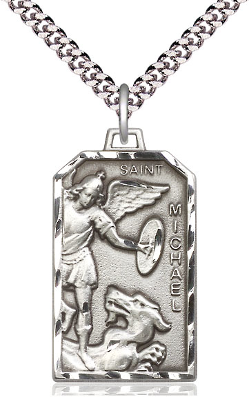 Sterling Silver Saint Michael the Archangel Pendant on a 24 inch Light Rhodium Heavy Curb chain