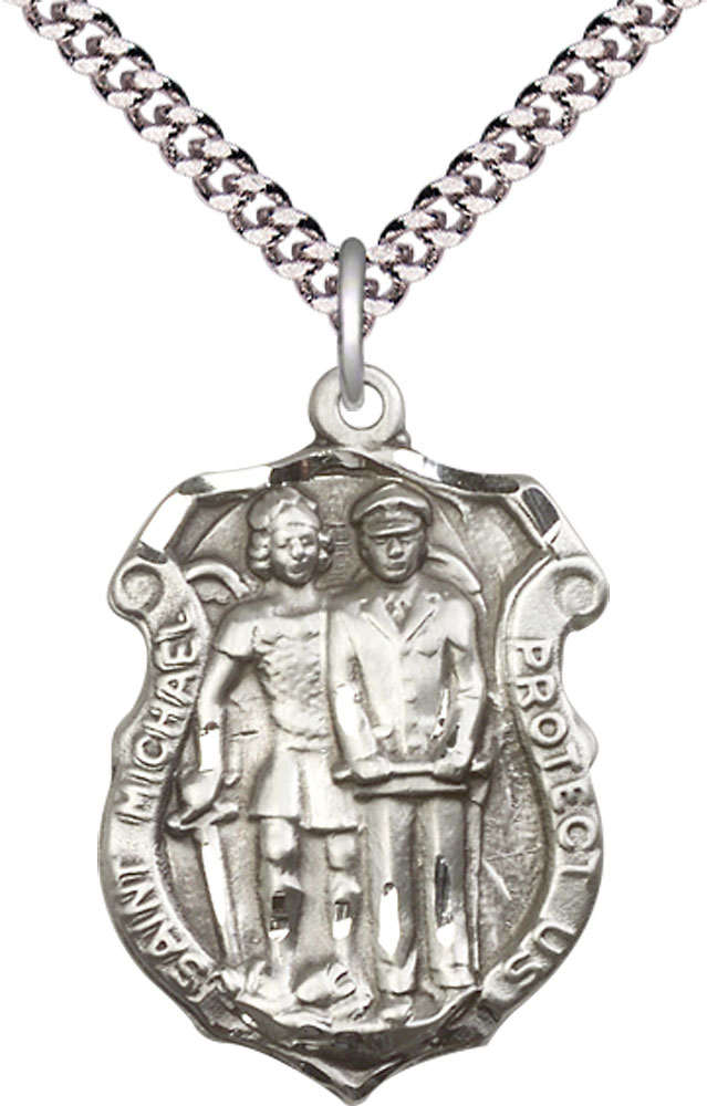 Sterling Silver Saint Michael the Archangel Police Shield Pendant on a 24 inch Light Rhodium Heavy Curb chain
