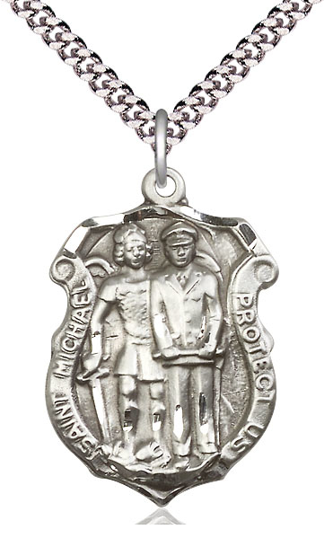 Sterling Silver Saint Michael the Archangel Police Shield Pendant on a 24 inch Light Rhodium Heavy Curb chain