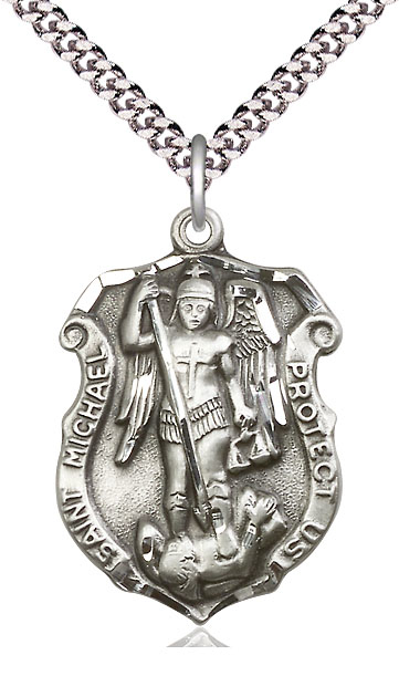 Sterling Silver Saint Michael the Archangel Shield Pendant on a 24 inch Light Rhodium Heavy Curb chain