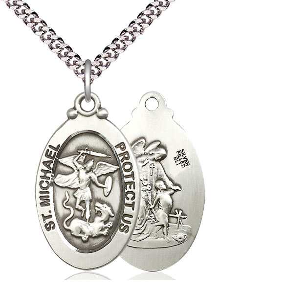 Sterling Silver Saint Michael the Archangel Pendant on a 24 inch Light Rhodium Heavy Curb chain