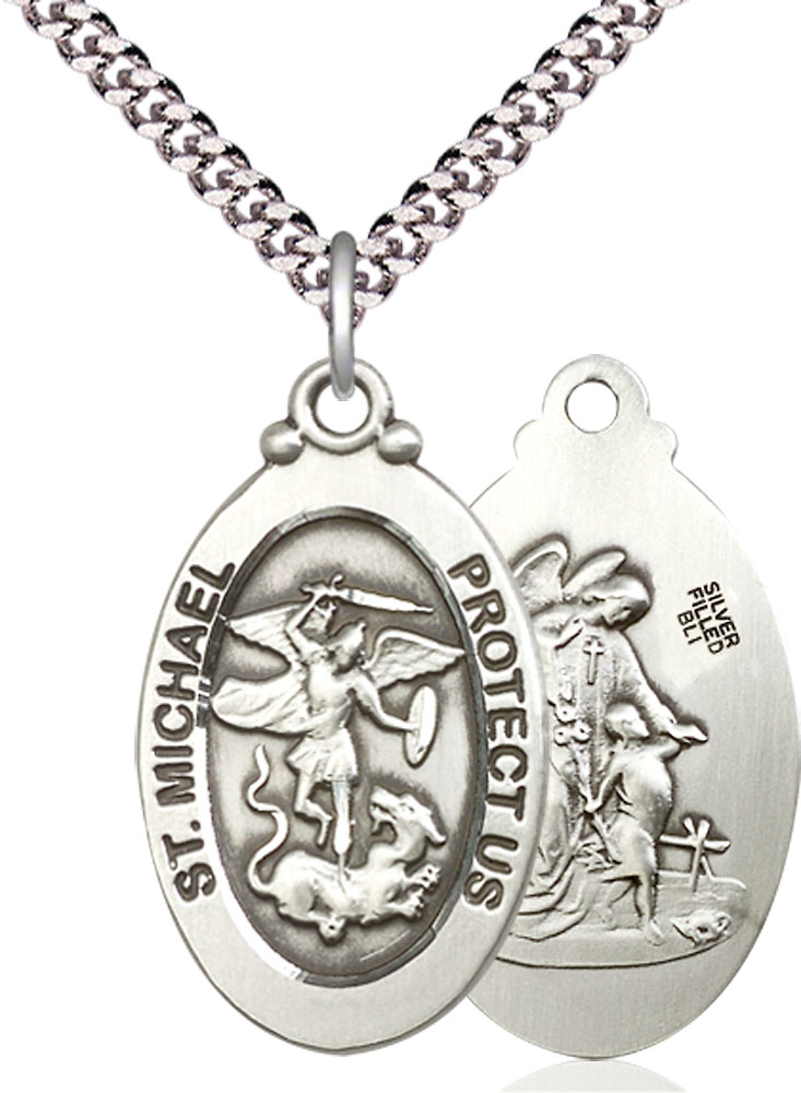 Sterling Silver Saint Michael the Archangel Pendant on a 24 inch Light Rhodium Heavy Curb chain