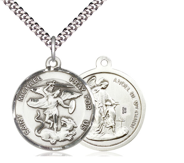 Sterling Silver Saint Michael the Archangel Pendant on a 24 inch Light Rhodium Heavy Curb chain