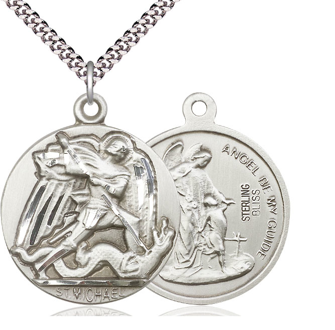 Sterling Silver Saint Michael the Archangel Pendant on a 24 inch Light Rhodium Heavy Curb chain