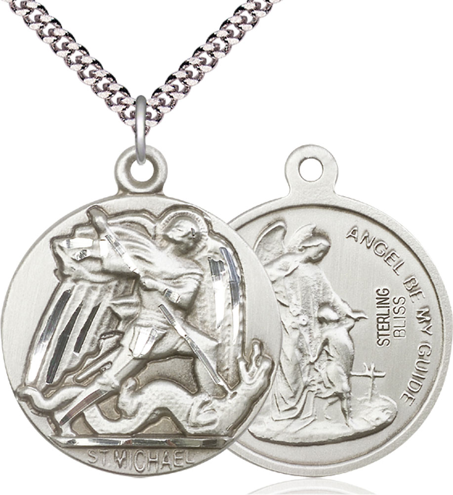Sterling Silver Saint Michael the Archangel Pendant on a 24 inch Light Rhodium Heavy Curb chain