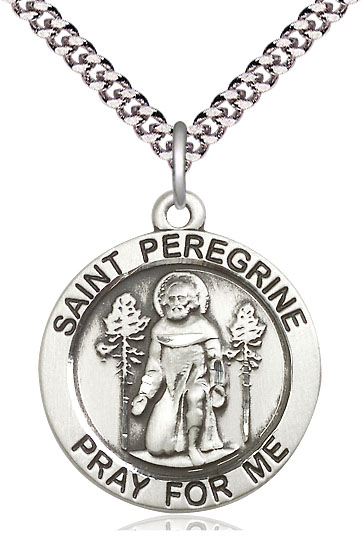 Sterling Silver Saint Peregrine Pendant on a 24 inch Light Rhodium Heavy Curb chain