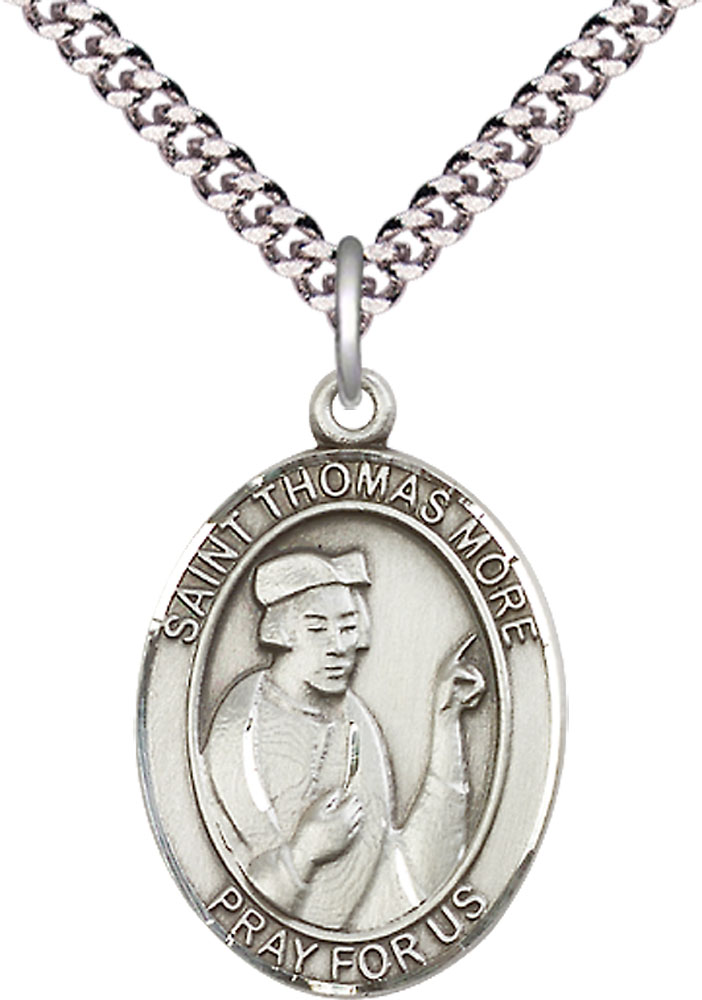Sterling Silver Saint Thomas More Pendant on a 24 inch Light Rhodium Heavy Curb chain