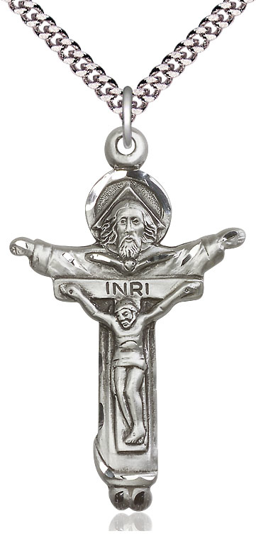 Sterling Silver Trinity Crucifix Pendant on a 24 inch Light Rhodium Heavy Curb chain