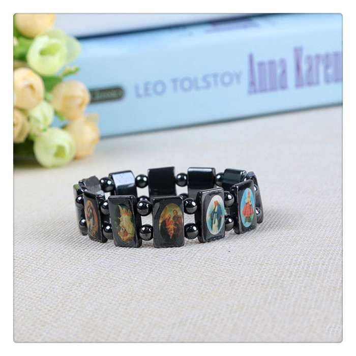 Black Hematite Jesus/Mary Bracelet