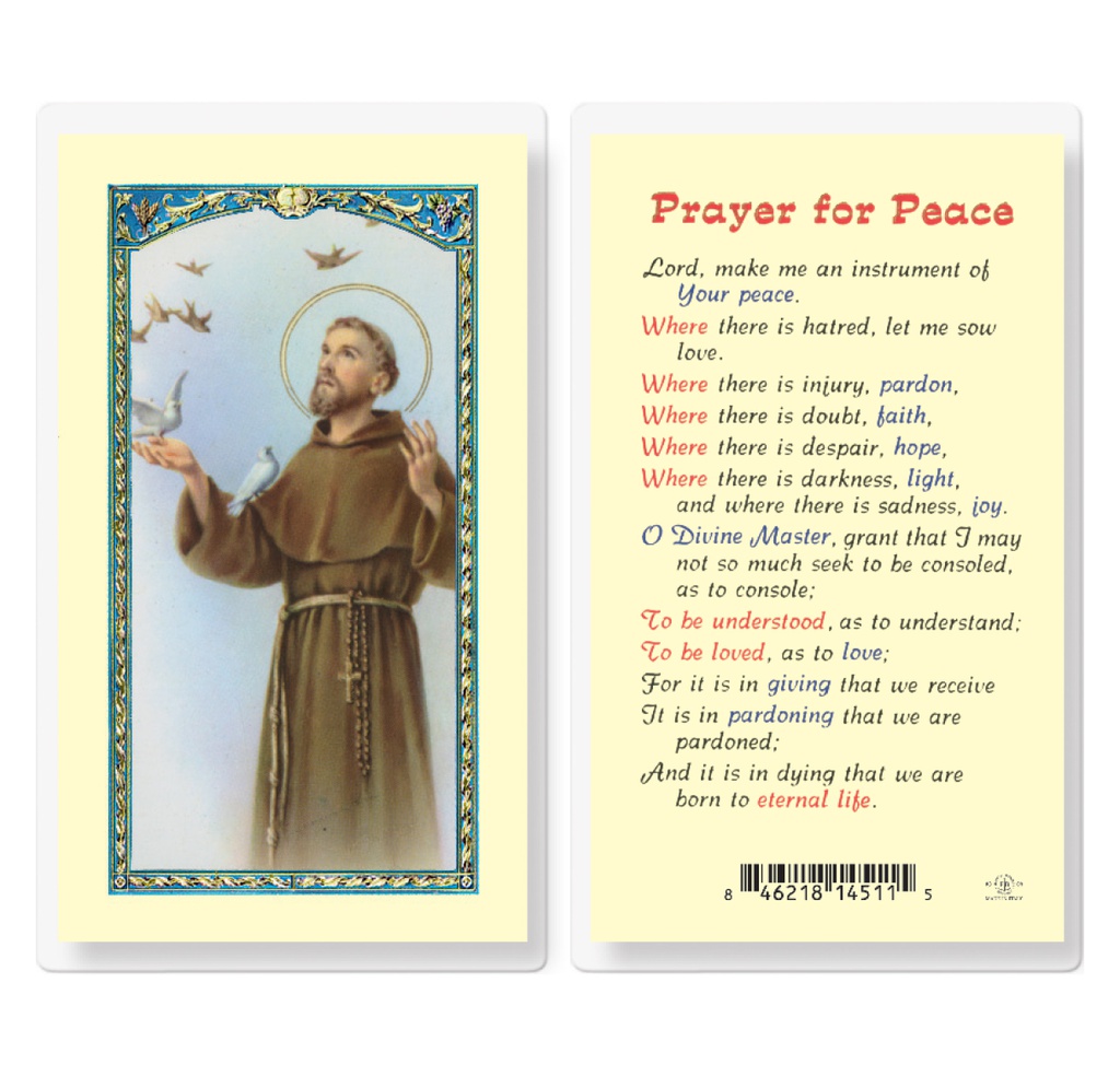 Saint Francis Prayer for Peace Laminated Holy Card