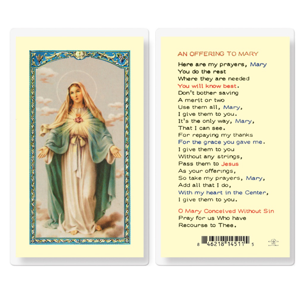 An Offering to Mary Immaculate Heart of Mary Laminated Holy Card