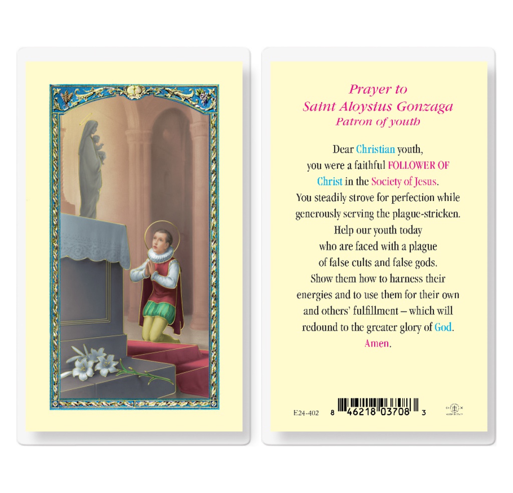 Prayer to Saint Aloysius Gonzaga Laminated Holy card