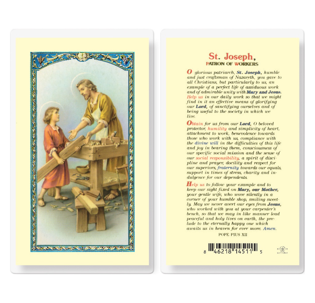 Saint Joseph Patron of Workers Laminated Holy Card