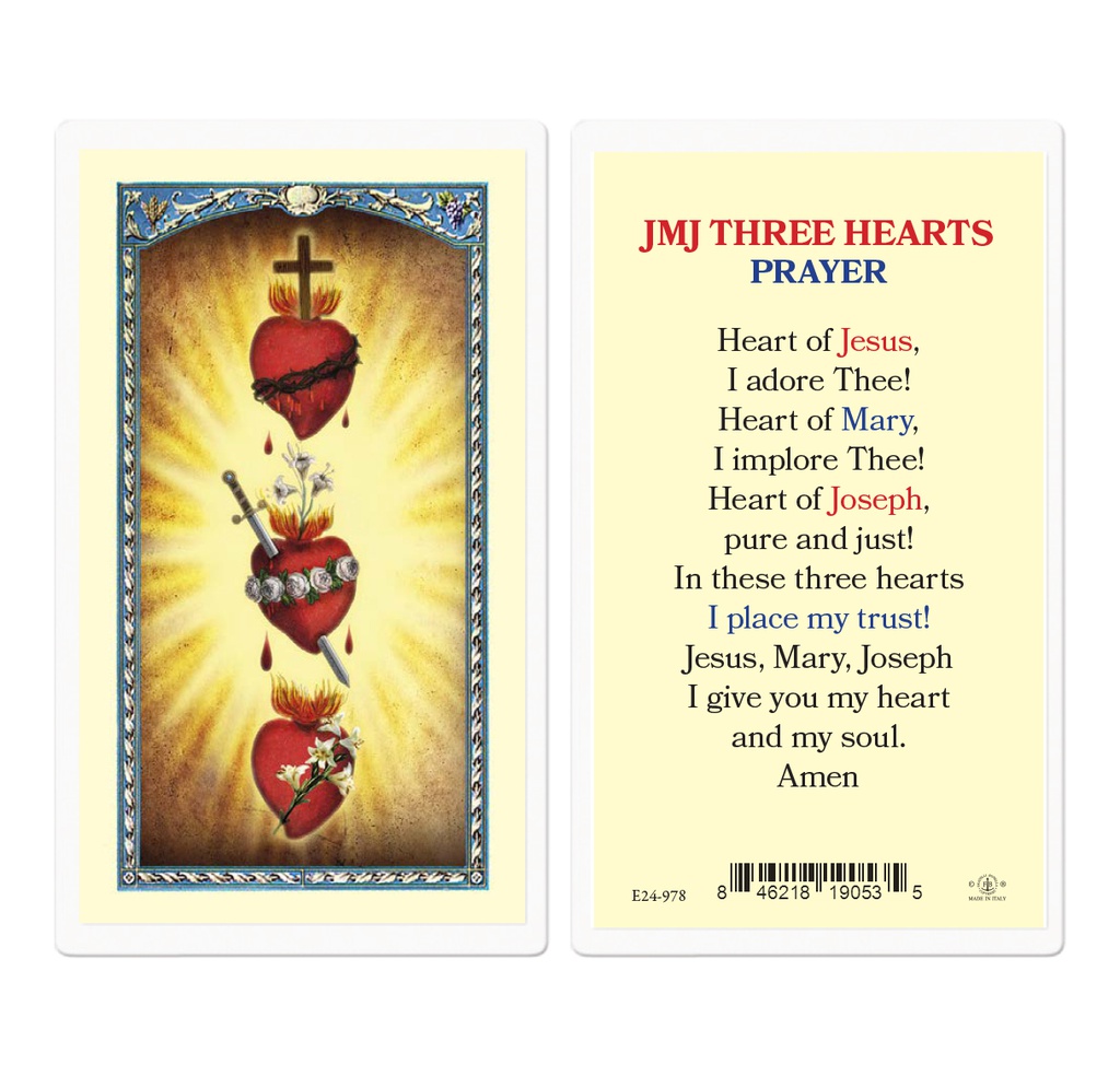 JMJ Three Hearts Prayer Laminated Holy Card