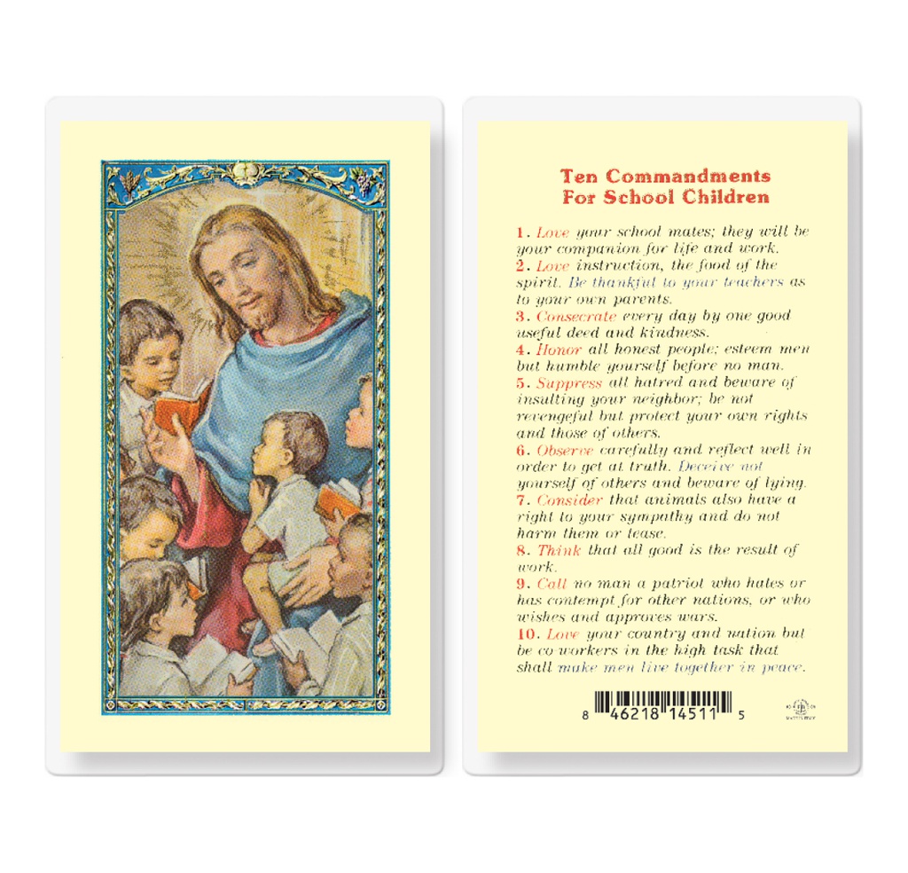 Ten Commandments for School Kids Laminated Holy Card