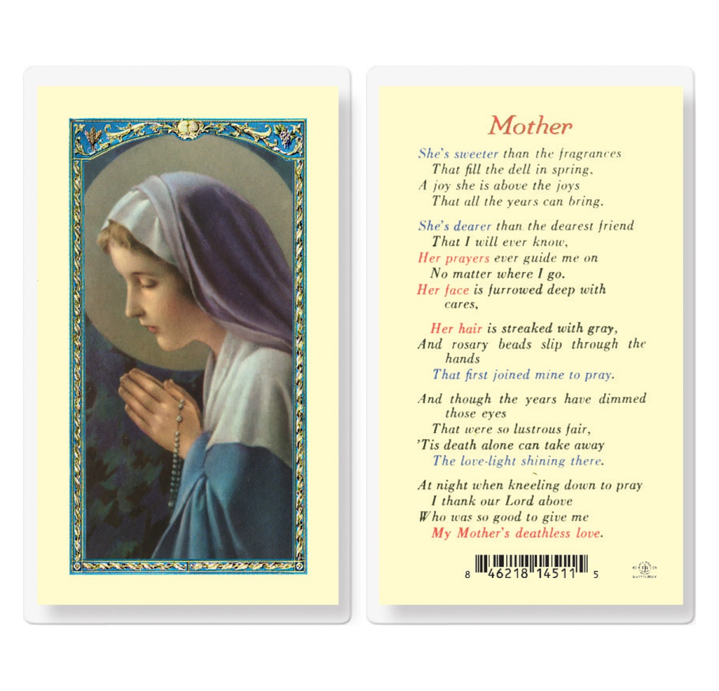 Mother with Madonna Praying Rosary Laminated Holy Card