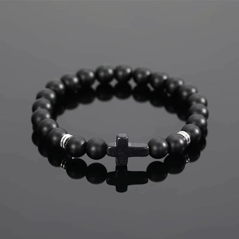 8mm Semi-Precious Stone Stretch Braclet w/Cross - Black