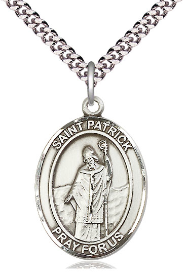 Sterling Silver Saint Patrick Pendant on a 24 inch Light Rhodium Heavy Curb chain