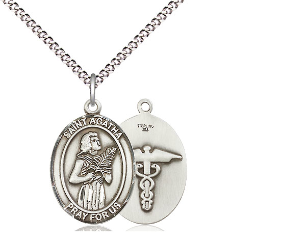 Sterling Silver Saint Agatha Nurse Pendant on a 18 inch Light Rhodium Light Curb chain