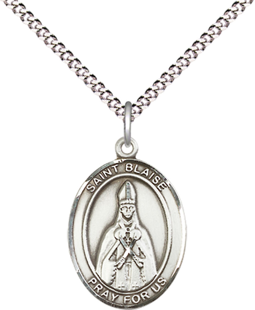Sterling Silver Saint Blaise Pendant on a 18 inch Light Rhodium Light Curb chain