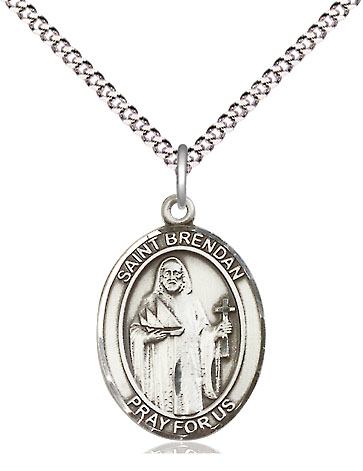 Sterling Silver Saint Brendan the Navigator Pendant on a 18 inch Light Rhodium Light Curb chain