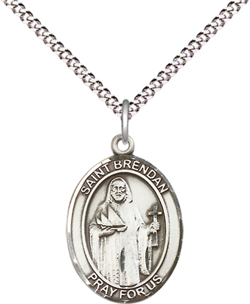 Sterling Silver Saint Brendan the Navigator Pendant on a 18 inch Light Rhodium Light Curb chain