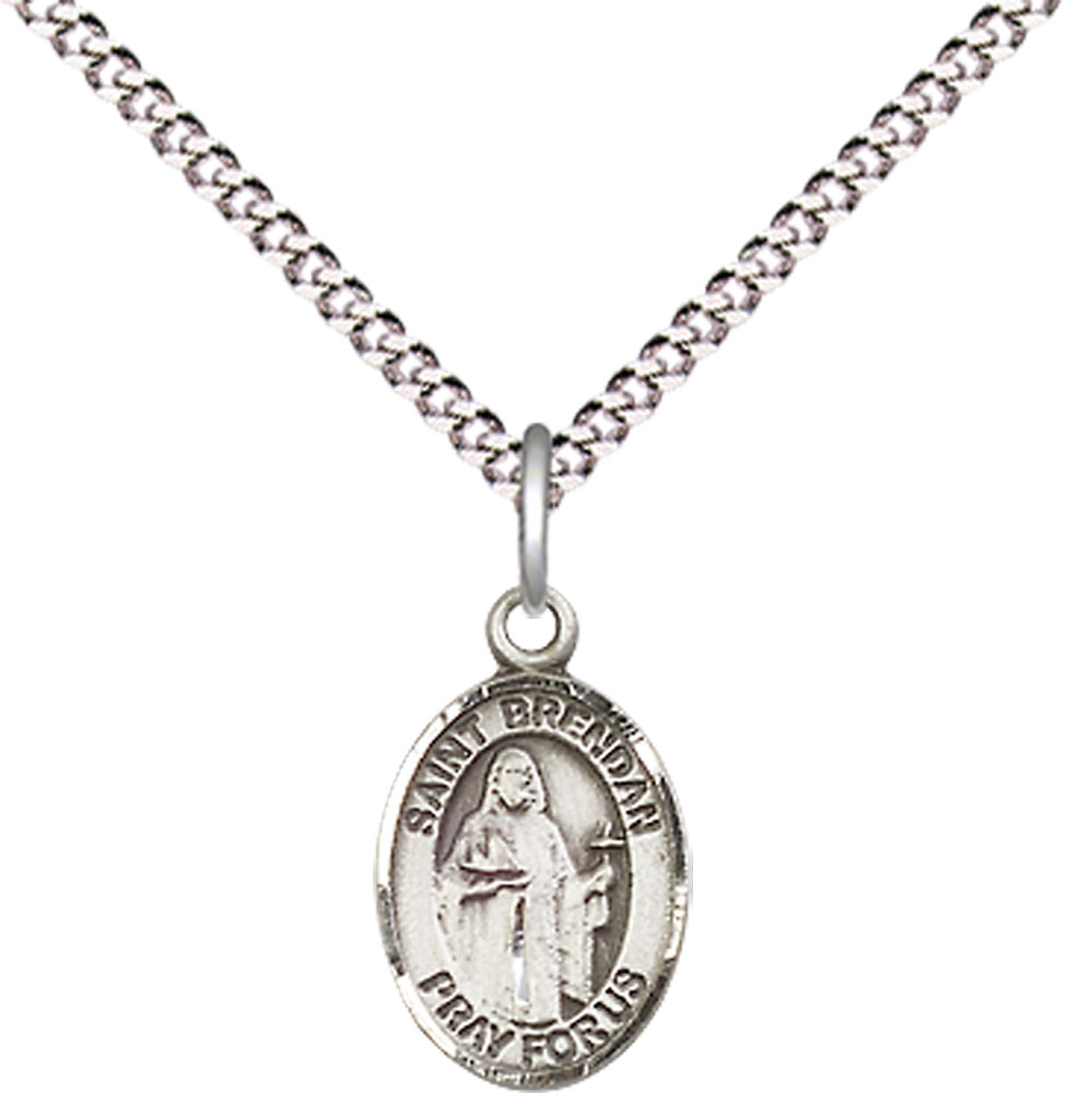 Sterling Silver Saint Brendan the Navigator Pendant on a 18 inch Light Rhodium Light Curb chain