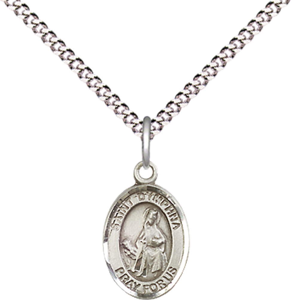 Sterling Silver Saint Dymphna Pendant on a 18 inch Light Rhodium Light Curb chain
