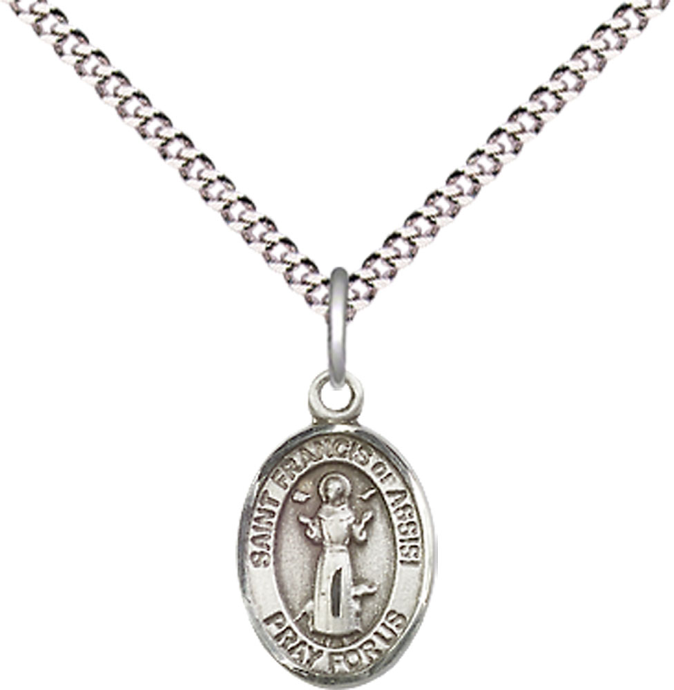 Sterling Silver Saint Francis of Assisi Pendant on a 18 inch Light Rhodium Light Curb chain