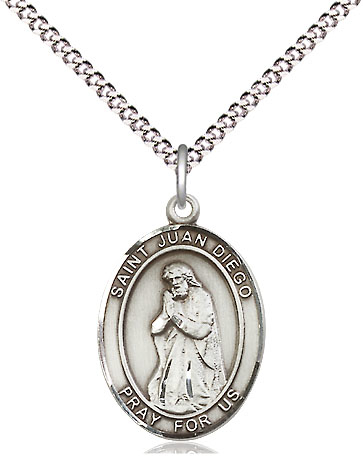 Sterling Silver Saint Juan Diego Pendant on a 18 inch Light Rhodium Light Curb chain