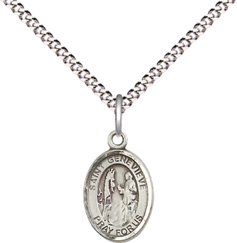 Sterling Silver Saint Genevieve Pendant on a 18 inch Light Rhodium Light Curb chain