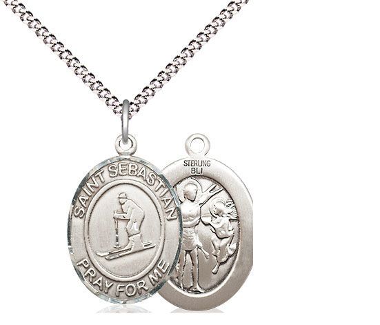 Sterling Silver Saint Sebastian Skiing Pendant on a 18 inch Light Rhodium Light Curb chain