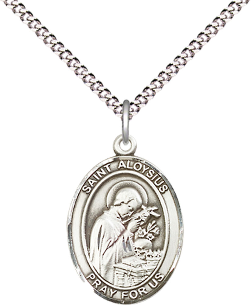 Sterling Silver Saint Aloysius Gonzaga Pendant on a 18 inch Light Rhodium Light Curb chain