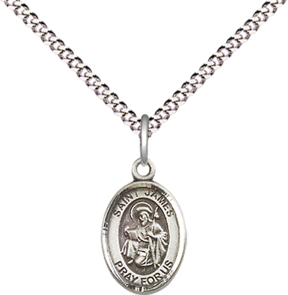 Sterling Silver Saint James the Greater Pendant on a 18 inch Light Rhodium Light Curb chain