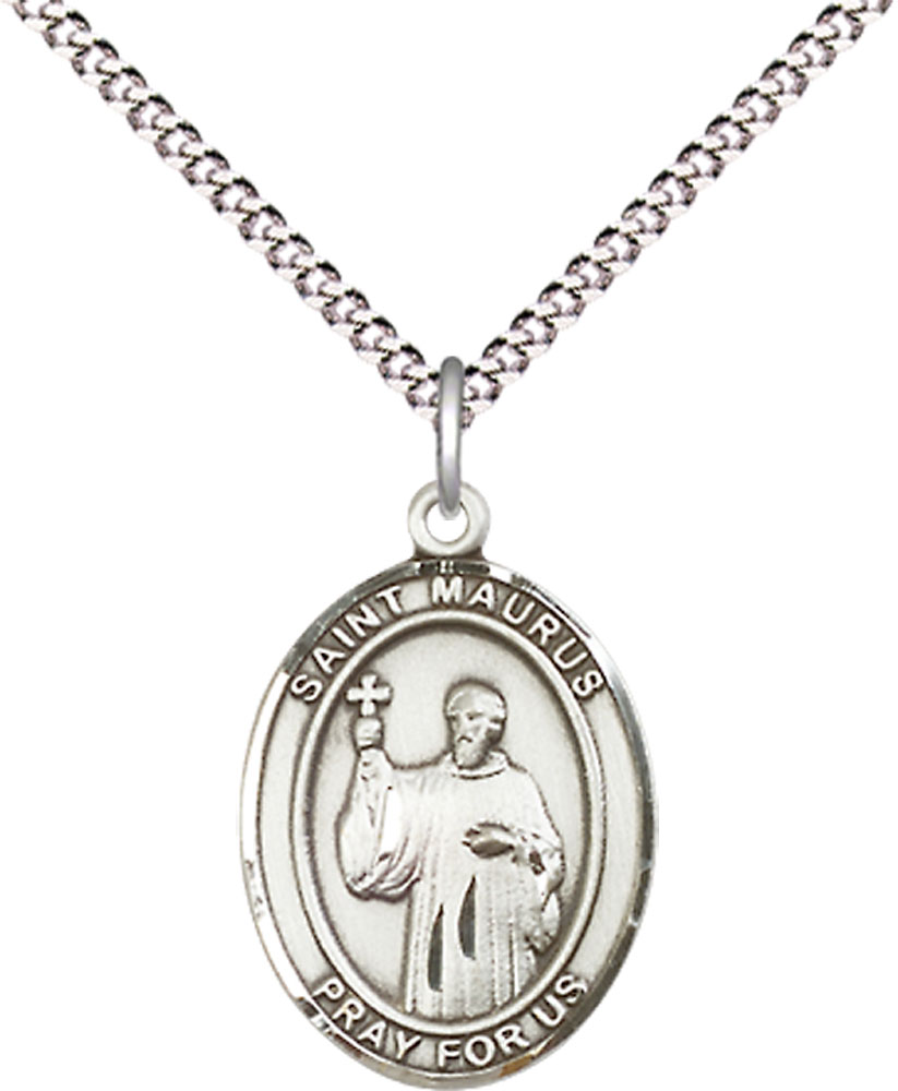 Sterling Silver Saint Maurus Pendant on a 18 inch Light Rhodium Light Curb chain